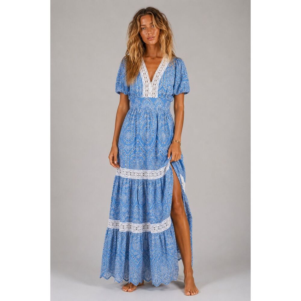 NWOT Tahari Blue White Eyelet Embroidered Cotton Maxi Dress Luxury Boho Flutter